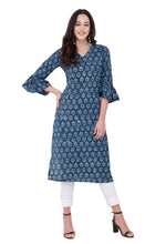 Load image into Gallery viewer, RUH_bell sleeves indigo long kurta