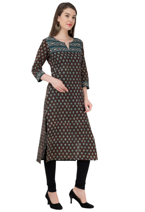 Brown with Green Booti Border  Cotton Jahota Kurta