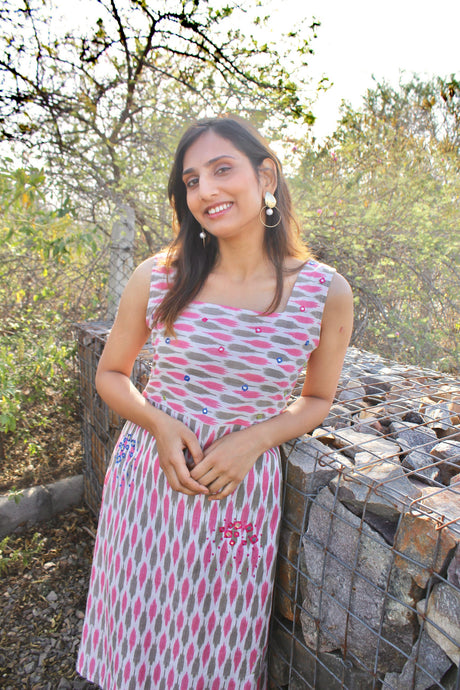 Pure Ikat Mirror work Cotton Strap Dress